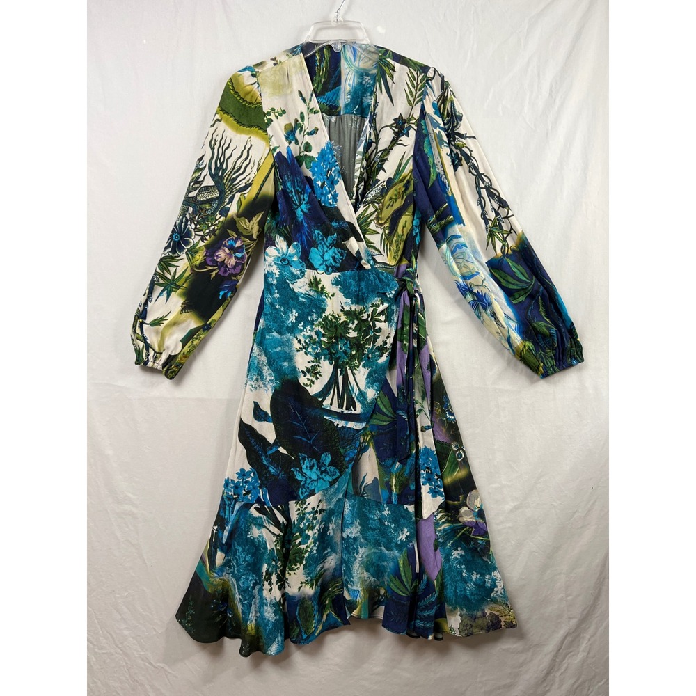 Kobi Halperin Faux Wrap Dress Womens S Blue Floral Botanical Long Sleeve Midi